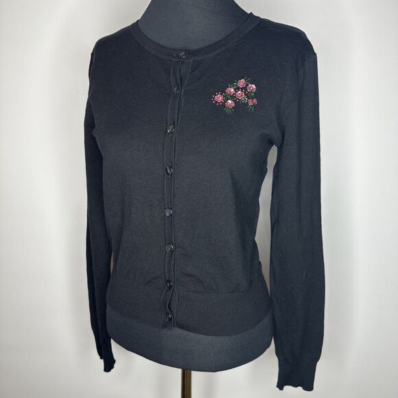 Black Sweater Sheer Lace Back Cardigan Flower Appliqué Sz S Gothic Layering - Picture 1 of 9